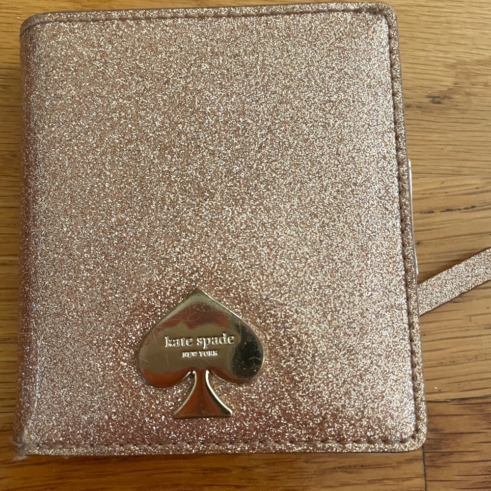 Kate Spade Pink rose gold glitter zip bifold wallet